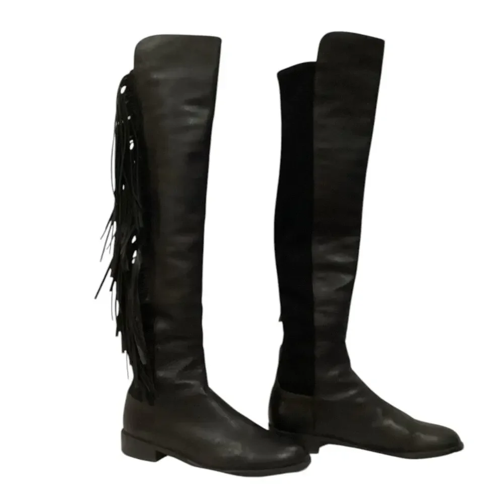 Stuart Weitzman 5050 Fringe Over The‎ Knee Boot Black Nappa Leather Size 7